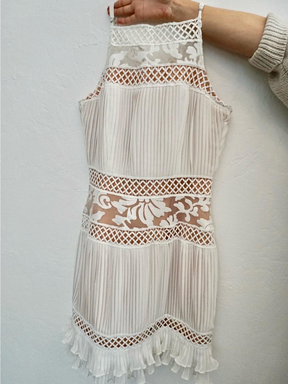 Adelyn Rae Ivory Pleated Lace Insert Halter Dress